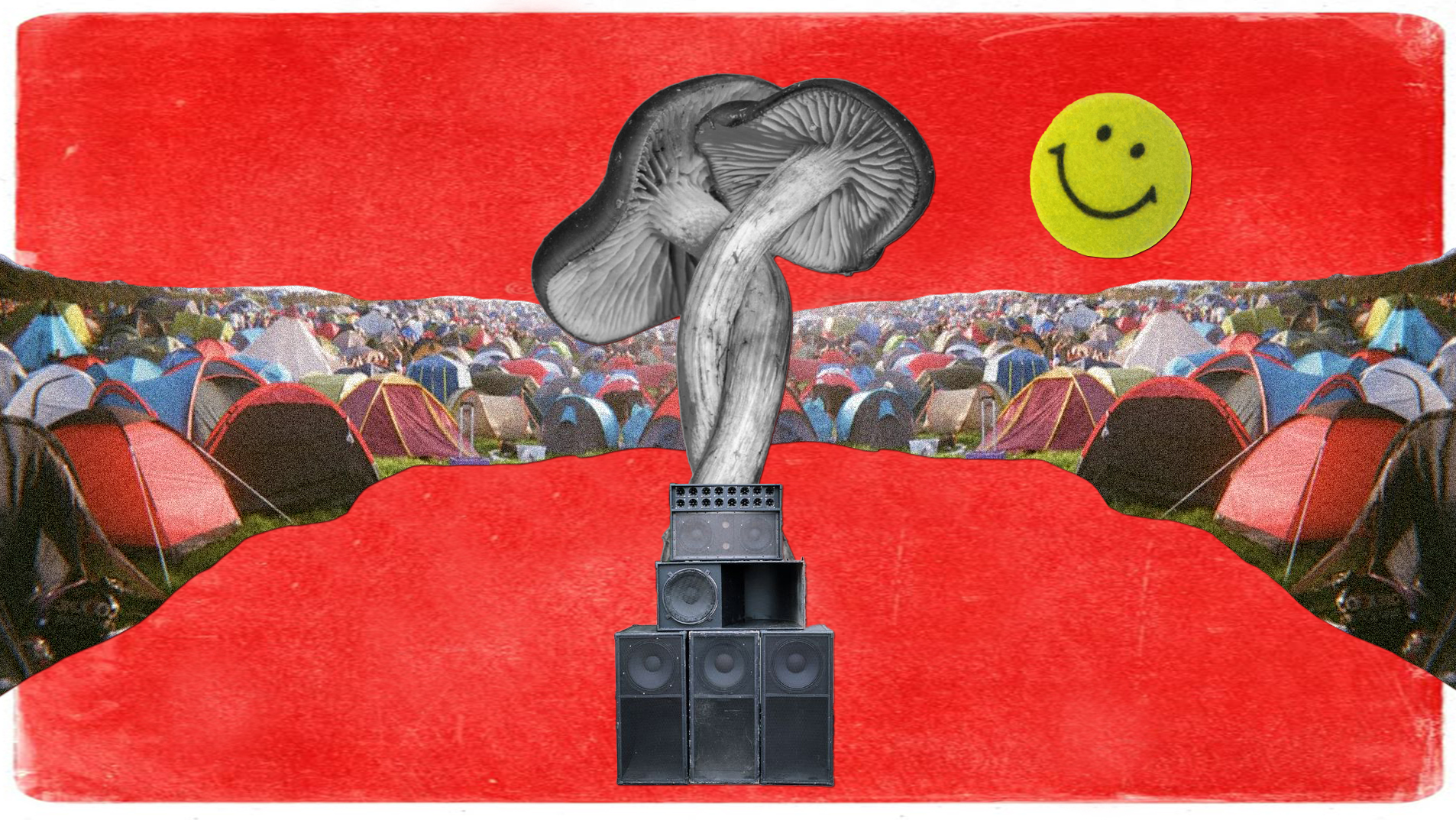 artistic collage with mushrooms speakers and tents